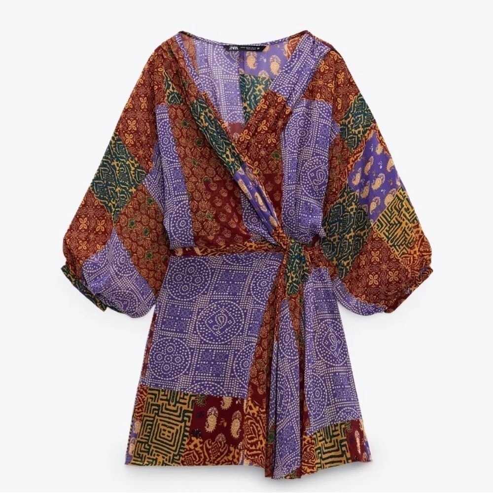 ZARA Multicolor Patchwork Half Sleeve V Neck Mini Wrap Tie Dress XS Boho Blogger